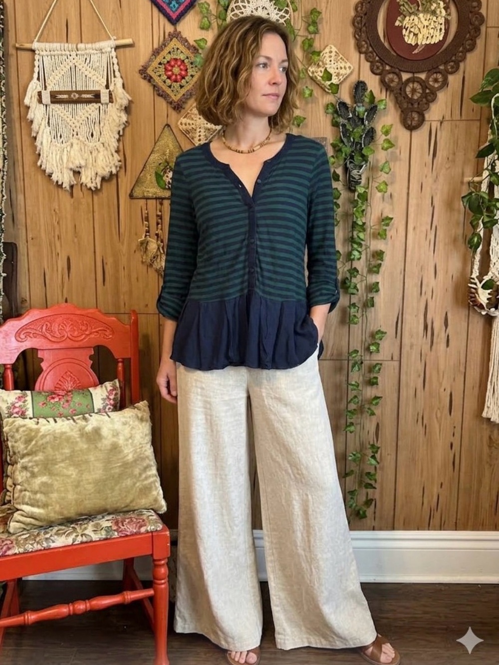 Anthropologie Postmark Green & Navy Blue Striped Tunic Top Peplum Hem XL